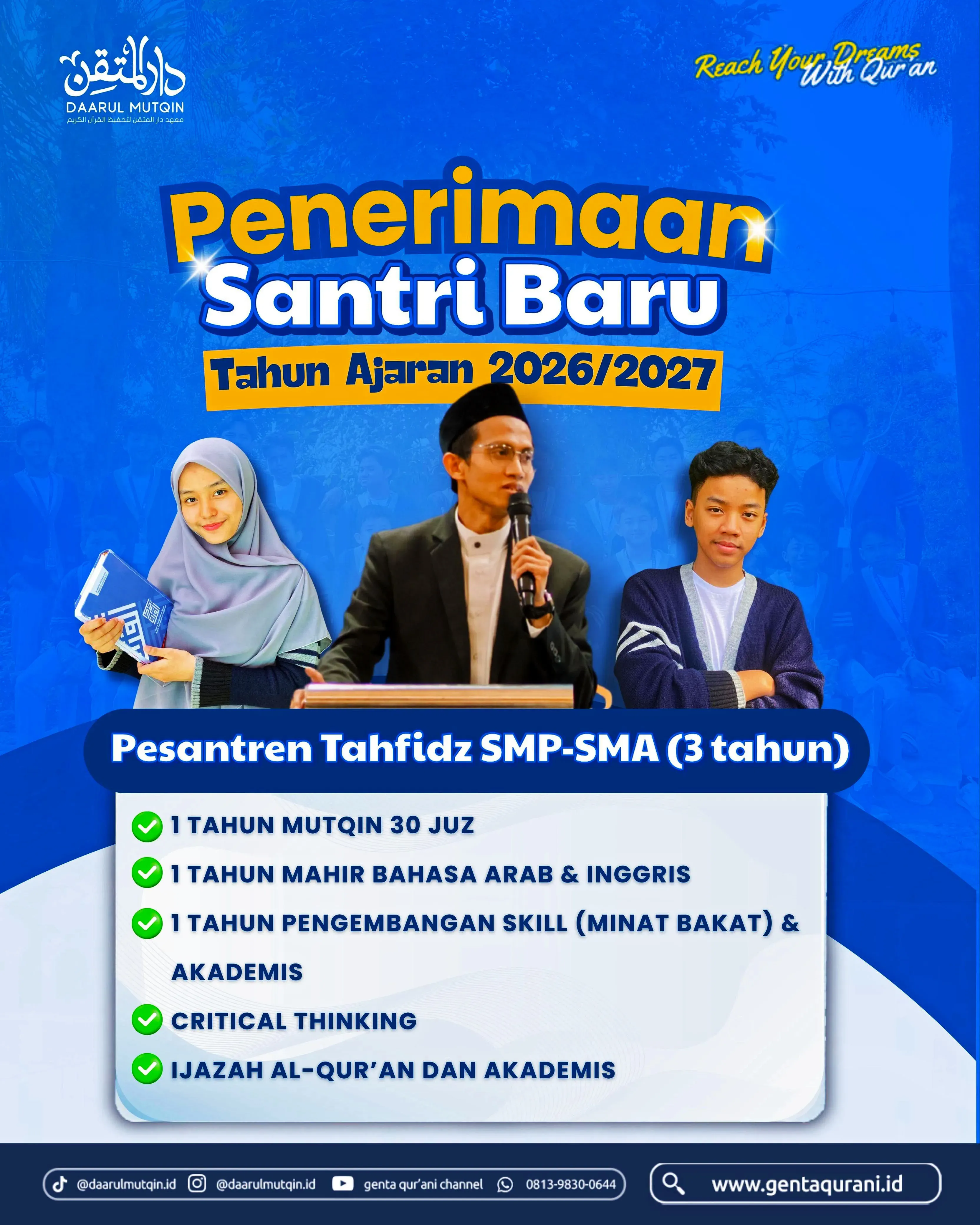 Mau ngafal Qur'an, tapi khawatir akademis SMP/SMA ketinggalan? Tapi kalau Qur'an plus akademis khawatir nggak fokus hafalannya? Check it out. Mungkin ini yang kamu cari! Program Pesantren Tahfidz 3 Tahun Daarul Mutqin Genta Qurani.